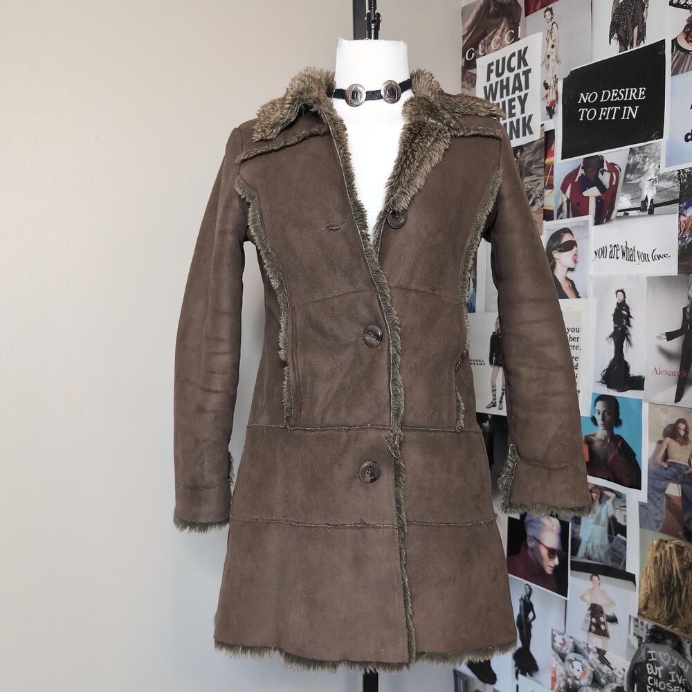 Faux Suede Shearling Trim Button Front Coat